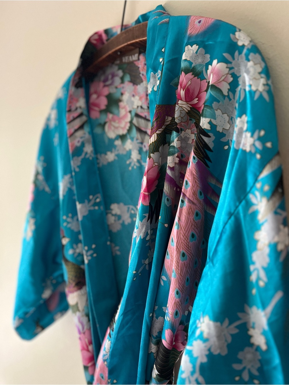 Veami Turquoise Floral Satin Kimono Cover-Up S/M - Picture 8 of 9